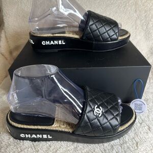 CHANEL Black Quilted Slide Sandals with Silver CC